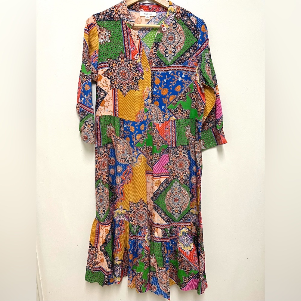 Zoey & Leelo Colorful Ruffled Bottom Rayon Dress 3/4 Sleeves Size S NWOT